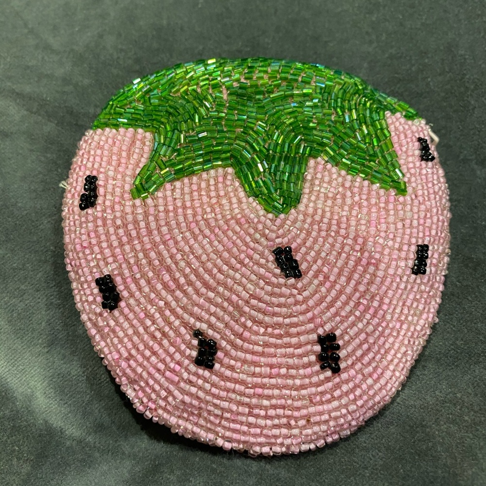 Pink Strawberry Coin Purse Handmade Kawaii Beaded Trinket Gift Case Wallet Jewel